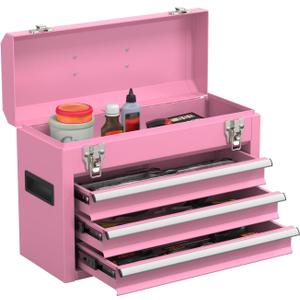 Portable Metal Tool Box with Drawers, Latches Tool Box with EVC Liners, Heavy Duty Tool Chest with Powder Coating for Garage, Office and Home (Pink)