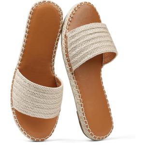 Tscoyuki Womens Flat Sandals Dressy Summer Slip On Resort Womens Sandals Raffia Beach Sandals Open Toe Espadrille Slides