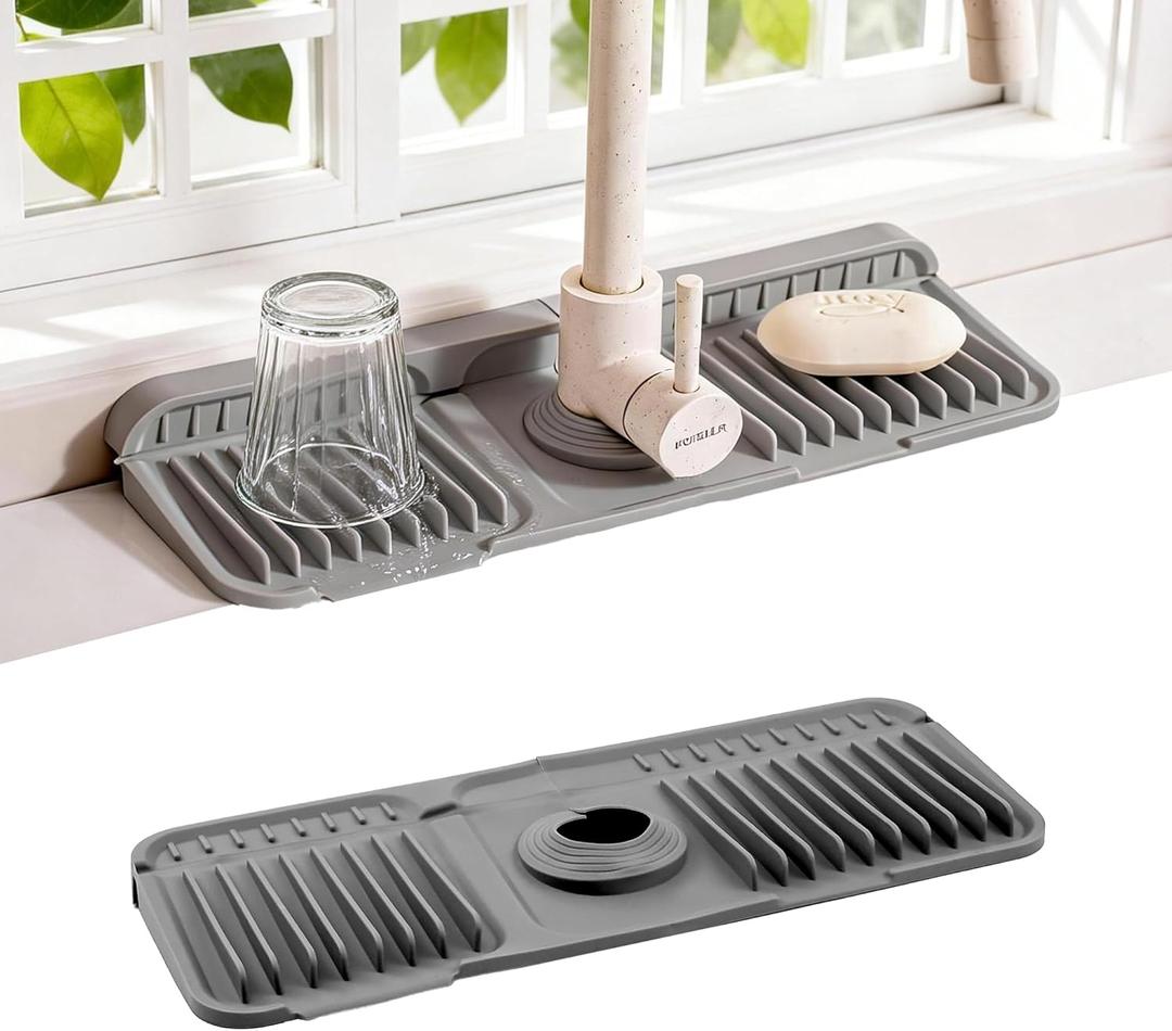 Faucet Mat for Kitchen Sink, 14"X5.5" Silicone Sink Splash Guard with Soap Holder, Snap-On Design & 7slope Fast Drain, Folding Sink Faucet Mat for Universal Kitchen Bathroom SinkGrey (Gray)