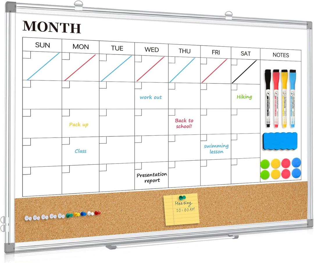 QUEENLINK Large Dry Erase Calendar for Wall, 36"x24" Double-Sided Magnetic Whiteboard Calendar with Cork Board, Aluminum Frame Monthly White Board Memo Message Board for Office, Home, School, Kitchen