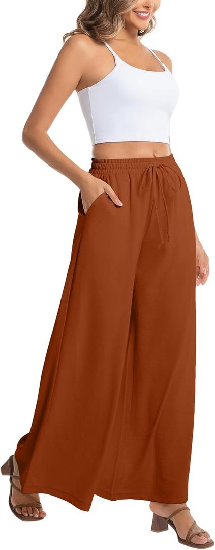 Women's Wide Leg Palazzo Pants - High Waist Flowy Casual Loose Beach Trousers (Brown, S)