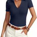 Meetrendi Womens Short Sleeve Work Shirts Summer V Neck Business Casual Polo Tops 2026 Fitted Basic Office Blouses (Blue, S)