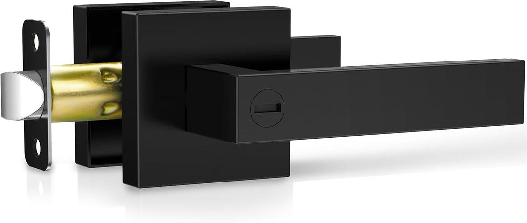 Plustool 1 Pack Matte Black Door Handles, Keyless Interior Door Knobs, Privacy Door Lever Locksets for Bedroom Bathroom, Heavy Duty Square Door Lock, Reversible for Left&Right Handled Doors