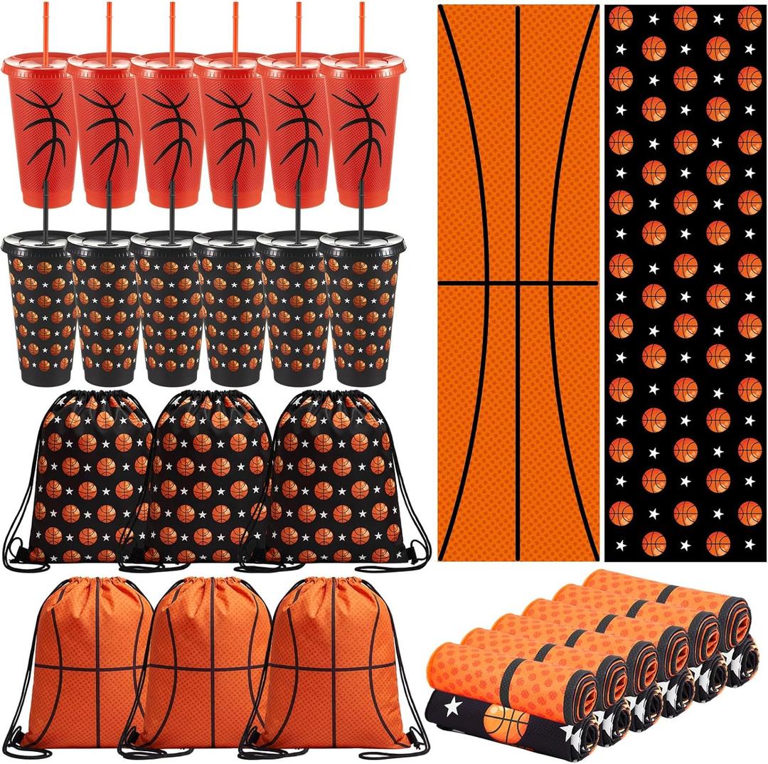 Jingmore 36 Pcs Sport Party Favors 12 Pcs Reusable Basketball Water Bottle Bulk 24 oz 12 Set Soft Cooling Towels and 12 Set Drawstring Bags for Team Gifts Supplies (Basketball)