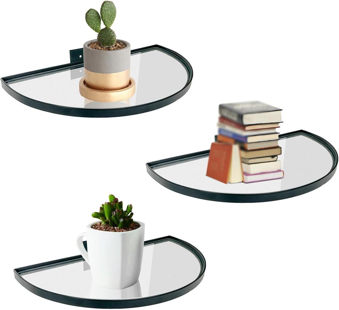 Cityelf Floating Shelves Wall Mounted Wall Decor Iron Glass Hanging Shelf Home Decor Set of 3 Display Ledge Shelves for Living Room Bedroom Office-Black (Large-11inch, Black Semi-circle)