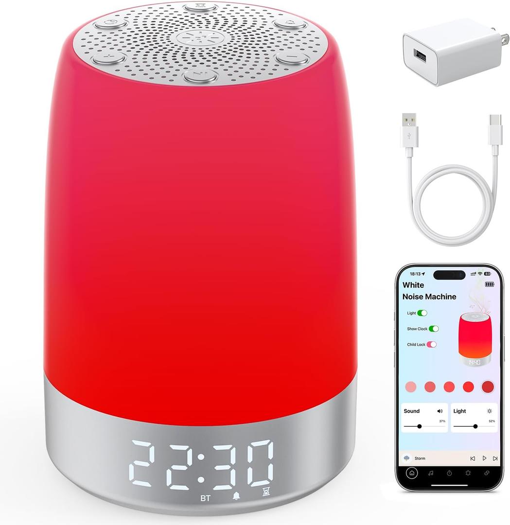 Smart Red Light Therapy Lamp & Sleep Sound Machine for Bedroom with Alarm Clock, 32 White Noises Sound Machine, Night Light with App Control, 5-Level Red Light (620690nm), 2600mAh BatteryLarge