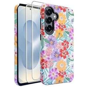 J.west Compatible with Samsung Galaxy S25 Case 6.2 inch with 2 Pack Tempered Glass Screen Protectors Cute Floral Flowers Hybrid Cover for Girls Women Aesthetic Protective Phone Cases Pink Spring
