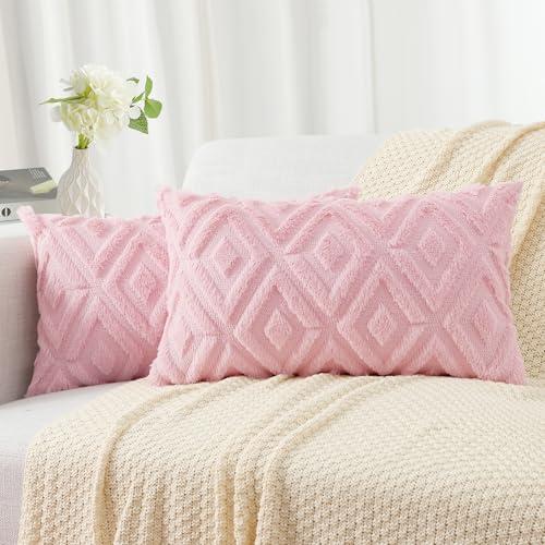 Spring Valentines Pink Throw Pillow Covers 12x20 Set of 2, Soft Plush Faux Fur Decorative Lumbar Couch Pillow Covers for Sofa Bed Living Room Pillow Cases with 3D Diamond Pattern