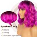 Colourful Short Bob Wigs with Bangs for Women Loose Wavy Wig Curly Wavy Shoulder Length Bob Synthetic Cosplay Wig for Girl Colorful Costume Wigs, Black-Rose mixed Purple