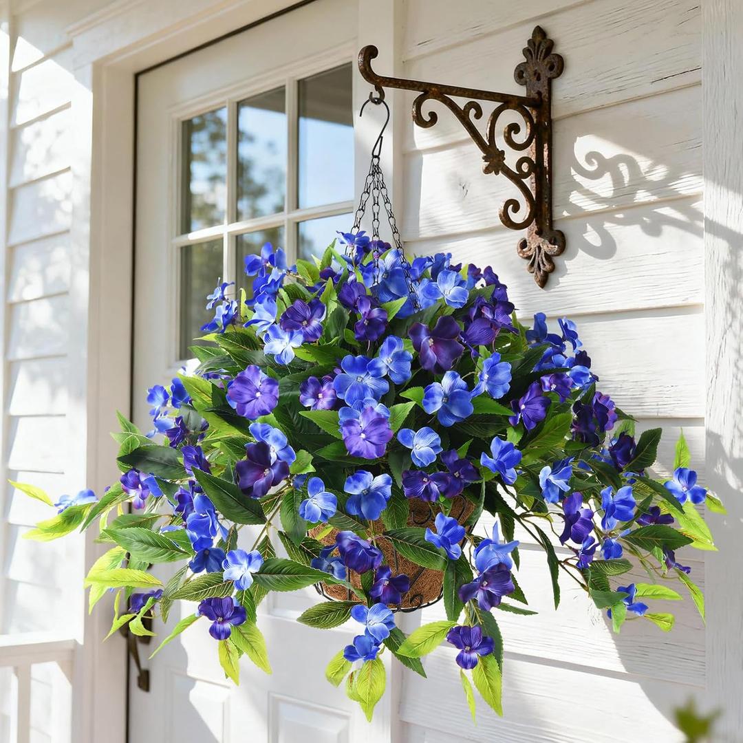 Hommyea Artificial Fake Hanging Flowers Plants Basket for Outdoors Outside Decoration UV Resistant Faux Silk Flowers Look Real Plastic Flowers for Spring Planters Home Porch Patio Garden Decor (3psc Deep&light Blue)