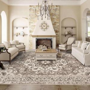 Washable Oriental Area Rug - 9x12 Rugs for Living Room Soft Carpet for Bedroom Waterproof Floral Distressed Indoor Stain Resistant Non-Shedding Floor Carpets (Beige, 9x12) (9' x 12')