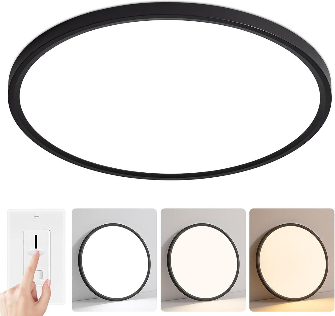 24 Inch Flush Mount Ceiling Light, Dimmable & 3000K/4500K/6000K Selectable, 48W 4800LM, Modern, Ultra Thin, Black, for Bedroom, Kitchen, Dining Room, Living Room, Home Office, Hallway