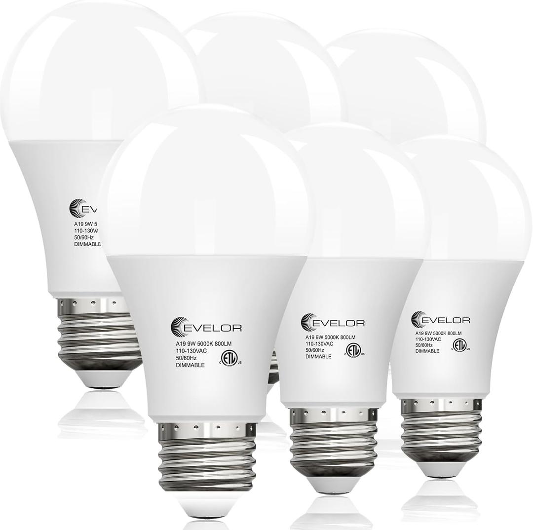 3 x evelor 6 Pack LED Light Bulbs,60 Watt Equivalent Daylight 5000K,A19 | Dimmable,Efficient 9W,800 Lumens White E26 Base LED Bulbs,15000 Hours,Ideal for Bedroom Living Study Room