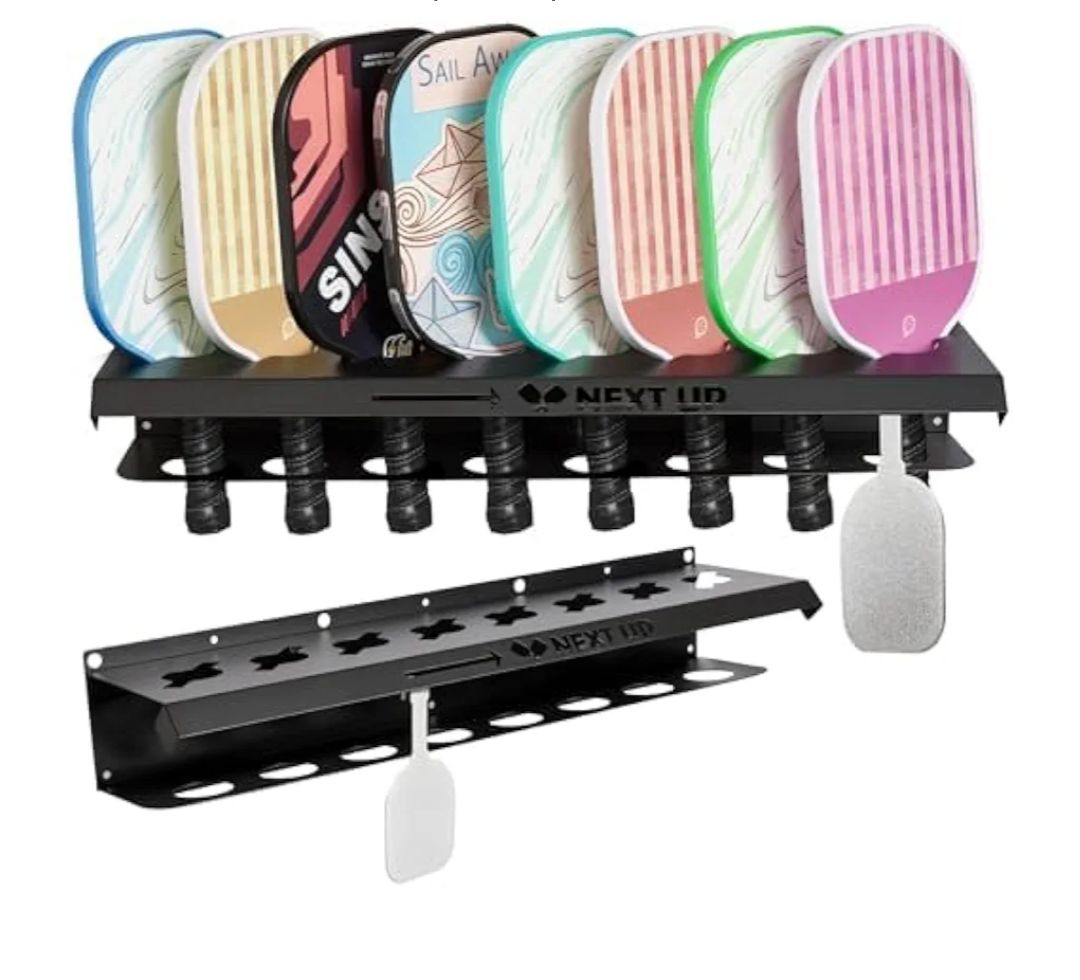 Pickleball Paddle Rack Holds 8 Paddles at a 45-Degree Angle Making All Paddles Visible, With Slider Paddle Marker to Track Next Up Players, Fence or Wall Mount, Steel, Black
