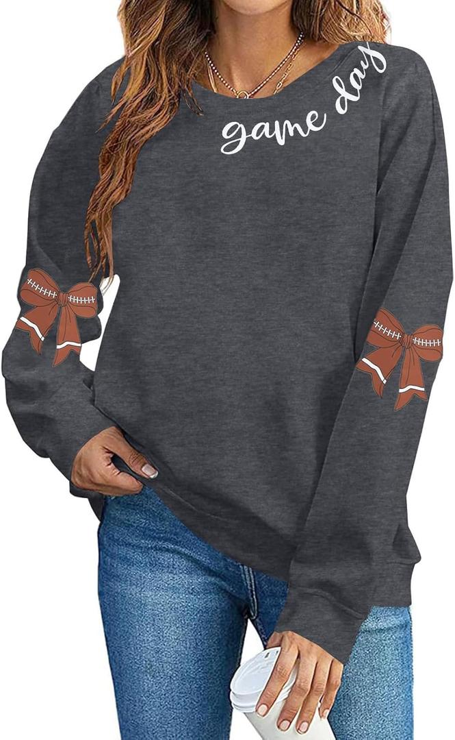 DUTUT Game Day Sweatshirt Women: Cute Football Bow Graphic Pullover Tops Casual Football Season Long Sleeve Shirt (Gray, XXL)