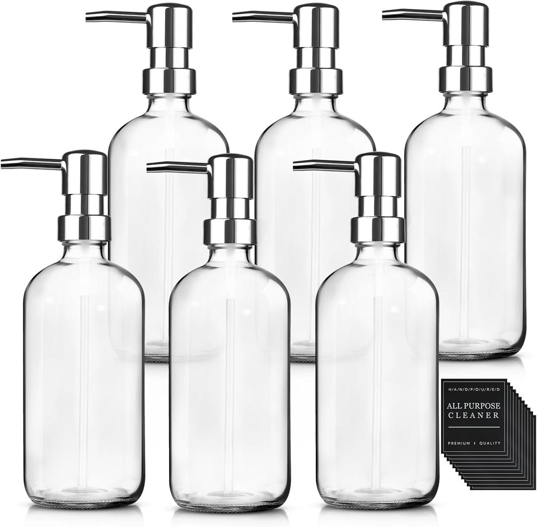 6 Pack Glass Soap Dispenser with Pump 17 oz Refillable Liquid Hand Soap Dispensers for Bathroom Kitchen Liquid Bottle with Labels for Dishwashing Soap Shampoo Body Wash Facial Cleanser Lotion,Clear