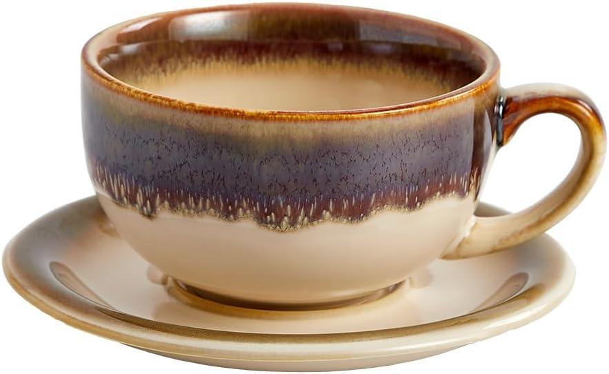 Vintage Design 12 oz Ceramic Latte Art Cappuccino Barista Cup with Saucer (Brown)
