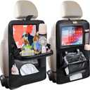 2-Pack Leather Car Backseat Organizer with Tablet HolderFoldable Food Tray,Storage Pockets,Trash Can,Tissue Holder & Insulated BagKick Mats Protector for Kids,Travel Accessories Organizer