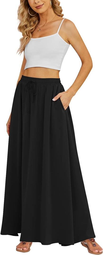 Yincro Women's Flowy Maxi Skirt Summer Pleated High Waisted Casual Long Skirts with Pockets (Black, 2XL)