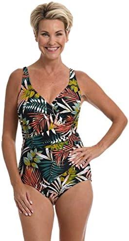 Maxine of Hollywood Women's Standard Shirred Front Surplice One Piece Swimsuit, Multi/ / Palms and Fronds, Size: 12