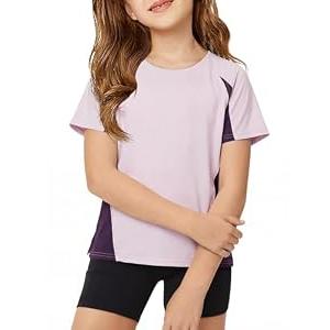 ZDC Kids Girls Athletic T Shirts Color Block Crewneck Gym Yoga Tees Casual Cute Basic Tees, 5-6 Years, Purple