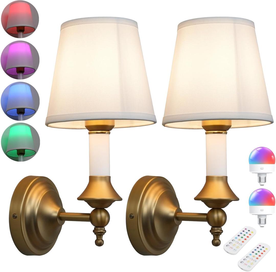 Phansthy Battery Operated Wall Sconce Set of 2, Rechargeable Wall Lights with Dimmable Bulbs and Remote, 12 RGB Colors Wireless Antique Gold Wall Lamps (White Shade, Battery Operated (2 Pack))