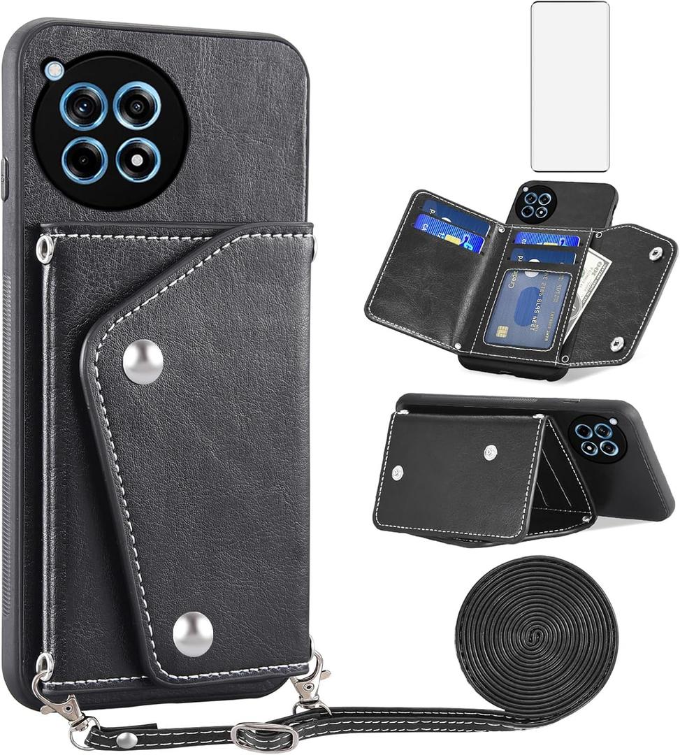 Asuwish Phone Case for OnePlus 12R 5G/Ace 3 2024 Wallet Cover with Tempered Glass Screen Protector Credit Card Holder Crossbody Strap Stand Leather Cell Accessories One+ 12 R R12 Ace3 Women Men Black