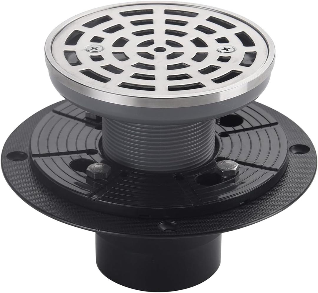 4 1/4" Shower Drain Round Brushed Nickel, Removable Grille Strainer Screws in Drain Cover, Base with Adjustable Drain Flange Kit PVC, SUS304 Stainless Steel
