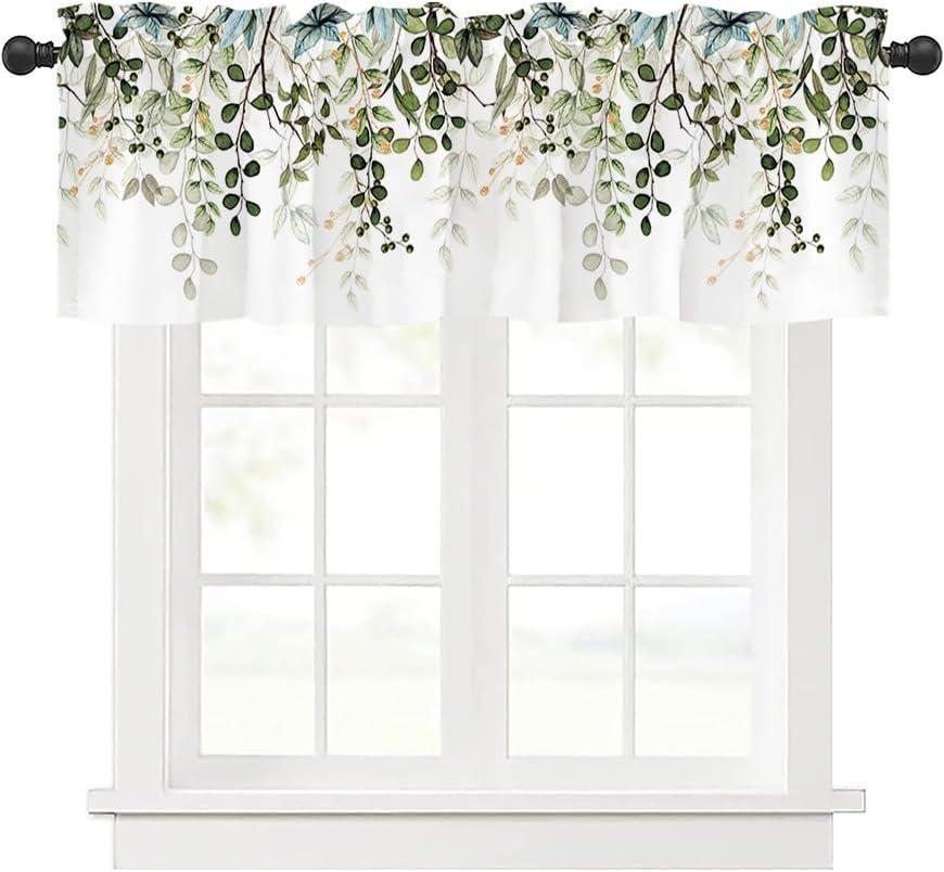 Sage Green Leaf Valances for Windows Spring Summer Kitchen Curtains for Window Over Sink Eucalyptus Botanical Rod Pocket Short Curtains for Small Window for Basement Bathroom and RV,54" W x 18" L