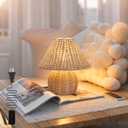 Mini Boho Lamp Rattan Lamps,3 Colors Modes Vintage Wicker Light,Small Table Lights for Bedroom Living Room Home Office Art Decor,7W E26 Bulb Included