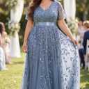 Pinup Fashion Plus Size Formal Dresses - Evening Gowns Wedding Sequin Embroidery V-Neck Prom Long Dress, Size 18 W