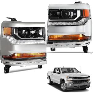 Headlights Assembly Compatible with 2016 2017 2018 Chevy Silverado 1500, 2019 Chevy Silverado 1500 LD Projector Head lights Replacement Pair Left Right with LED DRL,Chrome Amber (Chrome Housing, Clear Lens)