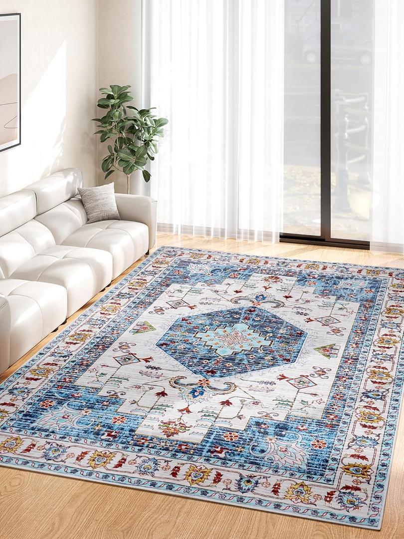 5x7 Rugs for Living Room Washable Area Rugs Non Slip Rubber Backing Large Vintage Area Rug Stain Resistant Kitchen Indoor Home Decor Rug Carpet Floor Mat Bedroom Dining Room