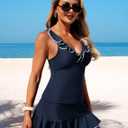 ZAFUL Women Tankini Swimsuits Ruffles Bathing Suit Swim Tank Top with Skirt | V-Neck Full Coverage 2 Piece Tankini Set (Blue, S)