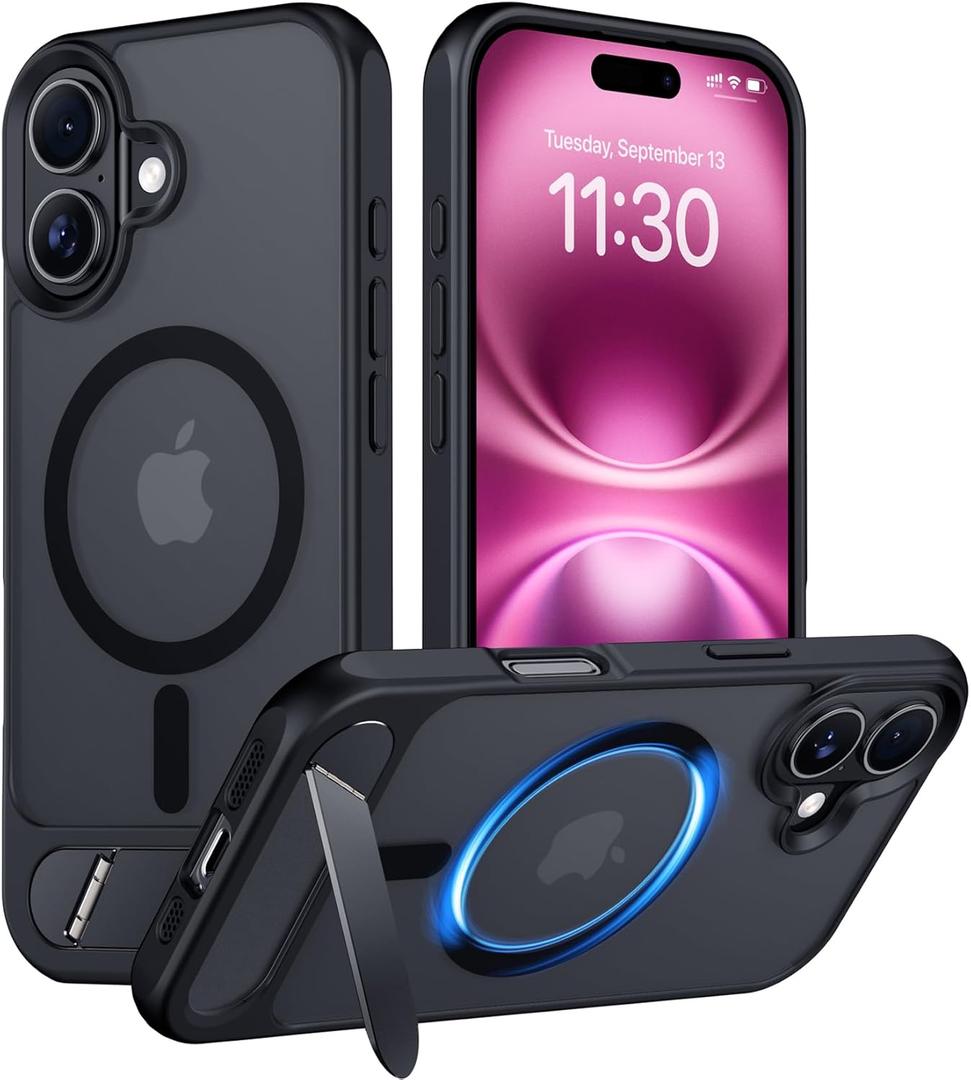 Temdan Magnetic Compatible with iPhone 16 Plus Case, [Built-in Invisible Kickstand][Compatible with MagSafe][Military Grade Shockproof] Slim Translucent Matte Phone Case for iPhone 16 Plus 6.7" (Black)