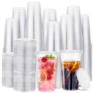 Skylety 500 Sets 24oz Clear Plastic Cups with Flat Lids Bulk Pet Disposable Plastic Cold Party Drinking Cups for Iced Coffee Shakes Soda Juice or Any Cold Drinks