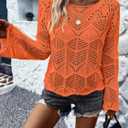Allimy Womens Long Sleeve Hollow Out Crochet Crewneck Knitted Top Blouses Cover Up (Orange, XXL)