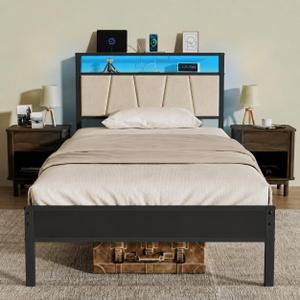 Z-hom 14 Inch Twin Bed Frame with Charging Station, Easy Assembly LED Bed, Upgrade Version-beige
