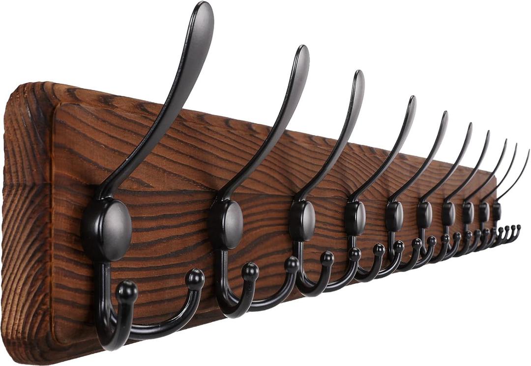 Rustic 38.6" Large Coat Rack Wall Mount, Long Wood Coat Hooks with 10 Triple Hooks, Heavy Duty Wooden Coat Hanger Wall Mount for Entryway, Farmhouse Hanging Jackets, Coats, Hats, Bags, Towel (Brown Plate & Black Hook)