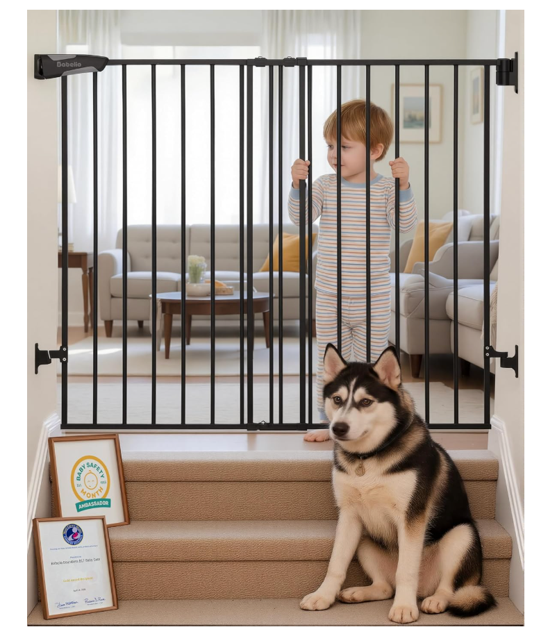 Babelio Baby Gate for Stairs & Doorways, 26-43" W 34" H Extra Tall| No Bottom Bar| Easy Installation| One-handed Operation| Auto-close| Hardware Mount (Drill Needed) Safety Dog/Pet Gate Indoor (White)