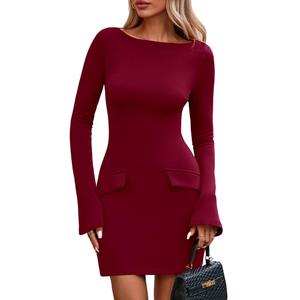 PRETTYGARDEN Womens Fall Long Sleeve Mini Dress 2025 Trendy Boat Neck Bodycon Knit Elegant Short Party Formal Dresses (Red,XX-Large)