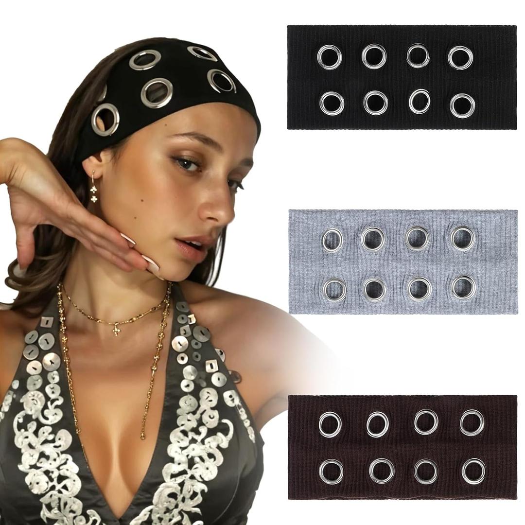 TIESOME 3PCS Women Hollow Out Eyelets Elastic Headbands, Fashion Grommet Wide Headbands Y2K Punk Grunge Wide Stretchy Hair Accessory for Women