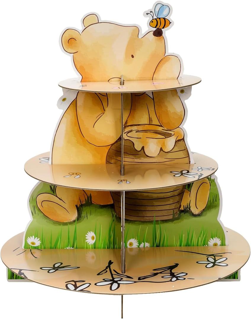 Bear Cupcake Stand Holder 3 Tier Party Decorations - Paper Material, Hexagonal Shape, Brown Color - Suitable for Baby Shower, Birthday Party