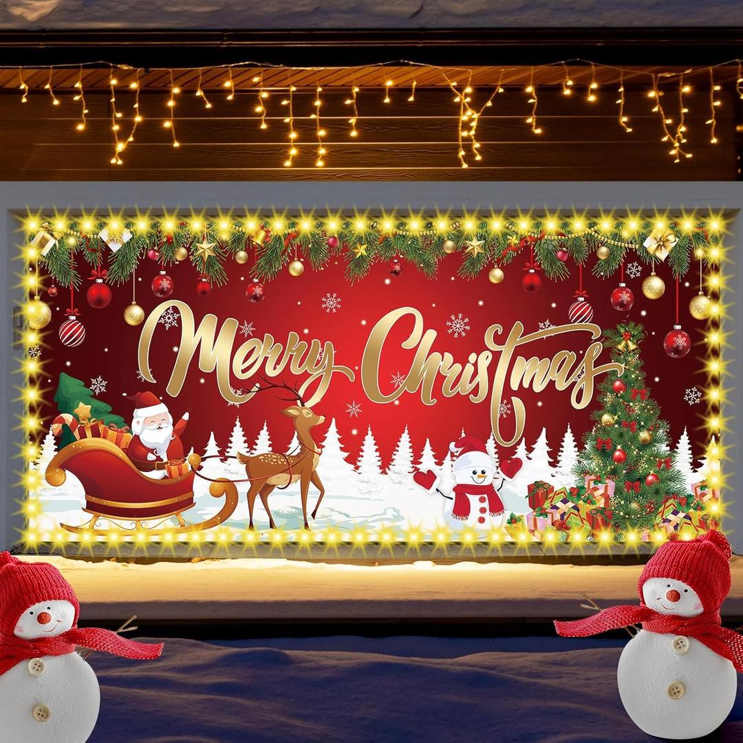 YLOLUL Led Christmas Garage Door Cover 6 x 13 ft Large Hanging Backdrop Door Banner with Light Merry Christmas Garage Wall Decorations for Outdoor Holiday