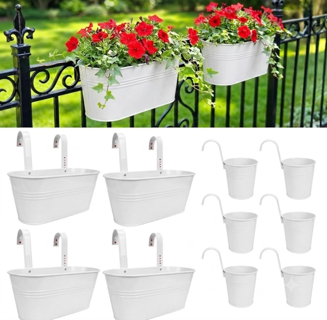 LaLaGreen 11.8 Inch Rail Planter (10-PIECE Combo Set) Black Metal Outdoor Fence Rail Planters, Modern Plants Hanging Railing Balcony Gardening for Apartment Garden Style Iron Patio Flower Pots Deck