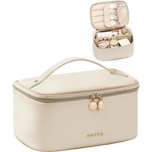 Prite Makeup Bag Portable Cosmetic Organizer with Brush Holder Waterproof Travel Toiletry Bag for Women with Handle and Divider (Beige)