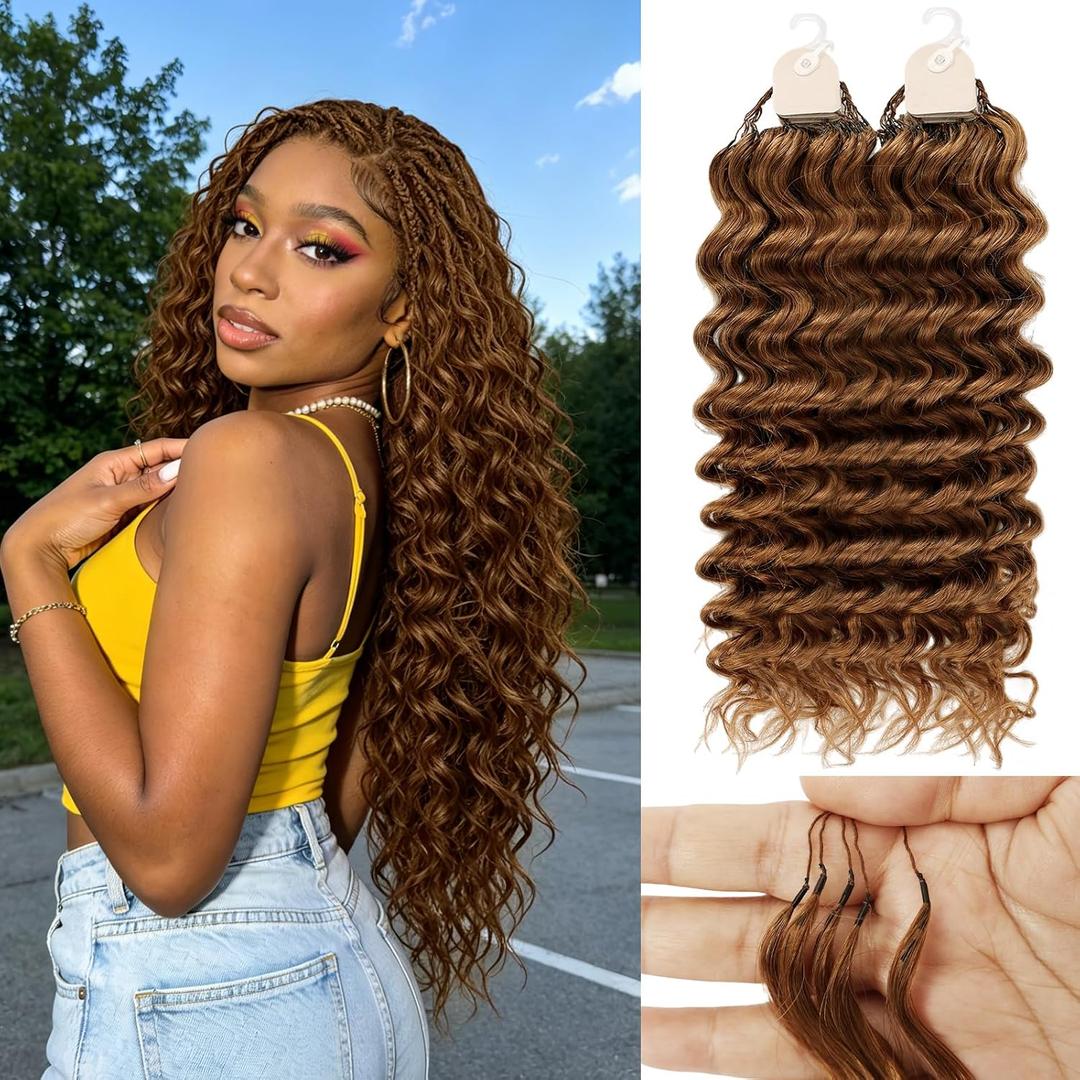 Human Crochet Hair for Black Women 16 Inch 60g Pre Separated 50 Strands Deep Wave Feather Crochet Human Hair Extensions 30# Light Auburn Invisible Miracle Knots Boho Crochet Bundles