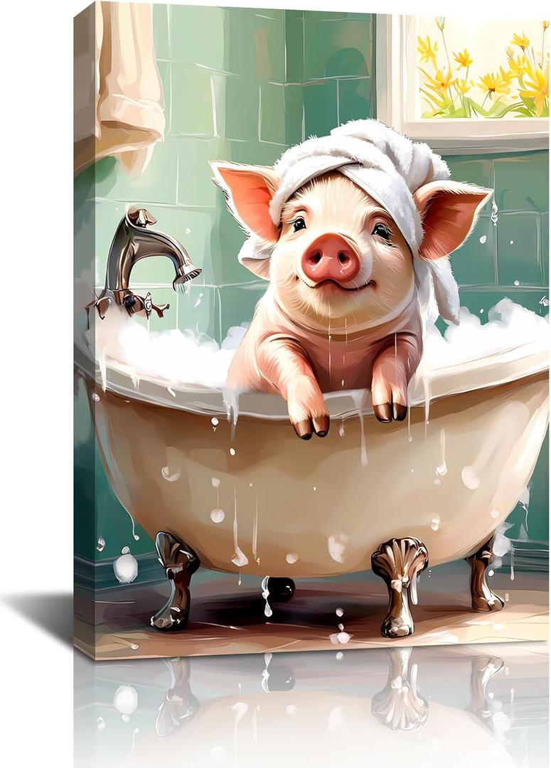 Funny Bathroom Pig Wall Art,Pink Pig Canvas Wall Art,Rustic Farmhouse Bathroom Wall Decor Framed Funny Animal Pictures Wall Decor for Kids Restroom Home Decor 12''x16''inch