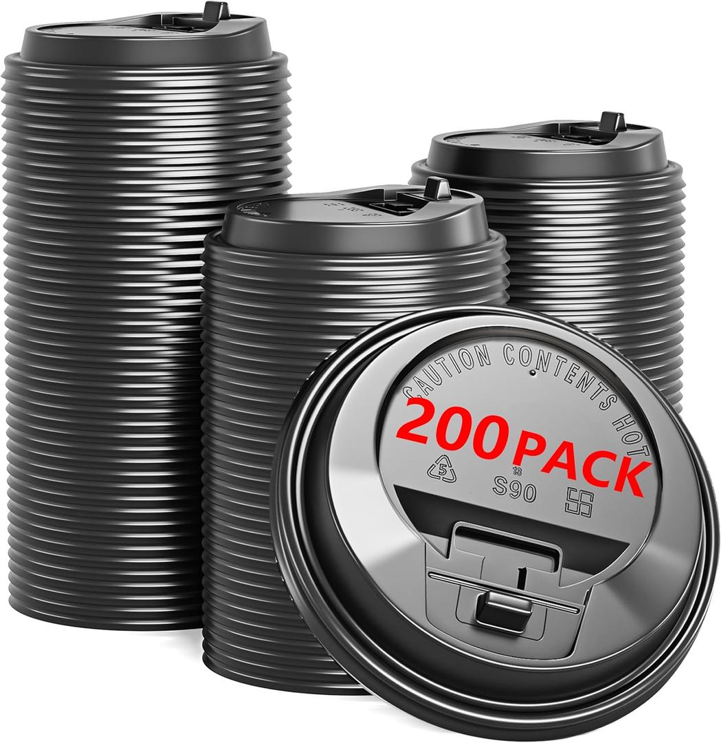 200 Pack Coffee Cup Lids, Black Plastic Dome Lids for 10/12/16/20/24 oz Paper Cups - Leak-Proof Disposable Lids for Hot/Cold Drinks (3.54 Inches/90 mm)