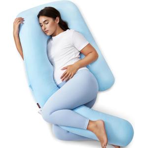 Momcozy Pregnancy Pillow with Cooling Cover, Dreamlign U Pro Maternity Pillow with Adjustable Leg Pillow - Support for Back, HIPS, Belly, Legs for Pregnant Women, 50-72 Inch, Bule